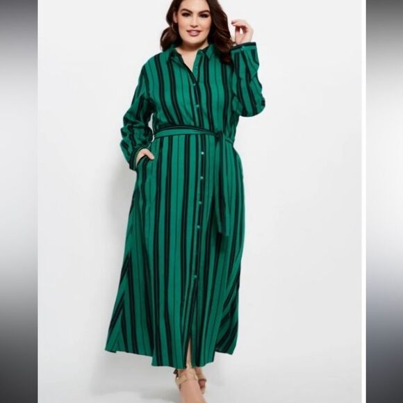 Ashley Stewart Linen Blend Vertical Stripe Button Up Maxi Dress Size 14 - Picture 1 of 8